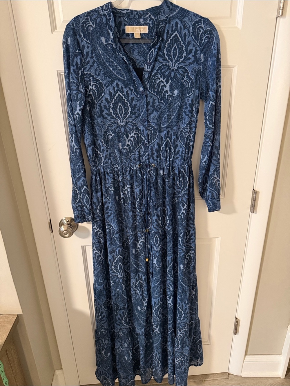 Michael Kors Baroque Paisley Long-Sleeve Maxi Dress Blue Boho Georgette Size 2